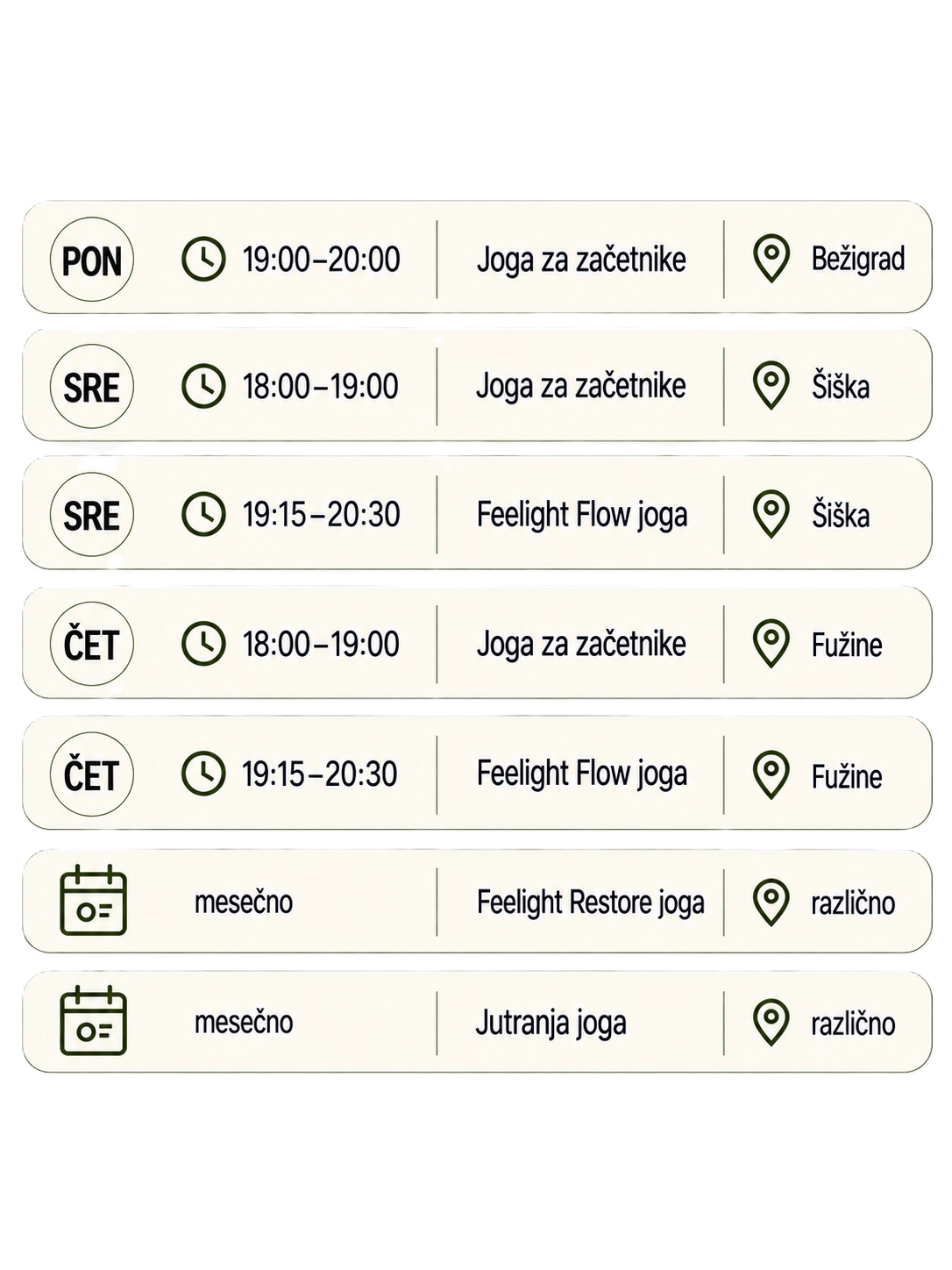 Urnik joge za začetnike, flow joge in restore joge 2026/2027 v Ljubljani - Fužine (Studio Luna), Šiška (studio Ritualnica) in Bežigrad (Savsko naselje)