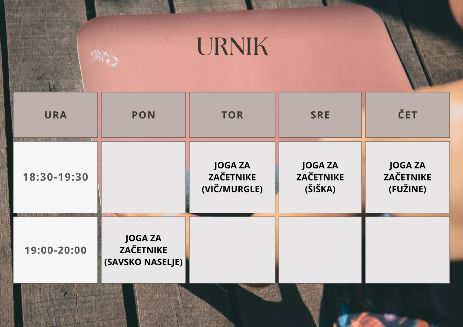 Tedenski urnik Feelight joge za začetnike v Ljubljani – Savsko naselje, Vič/Murgle, Fužine in Šiška.