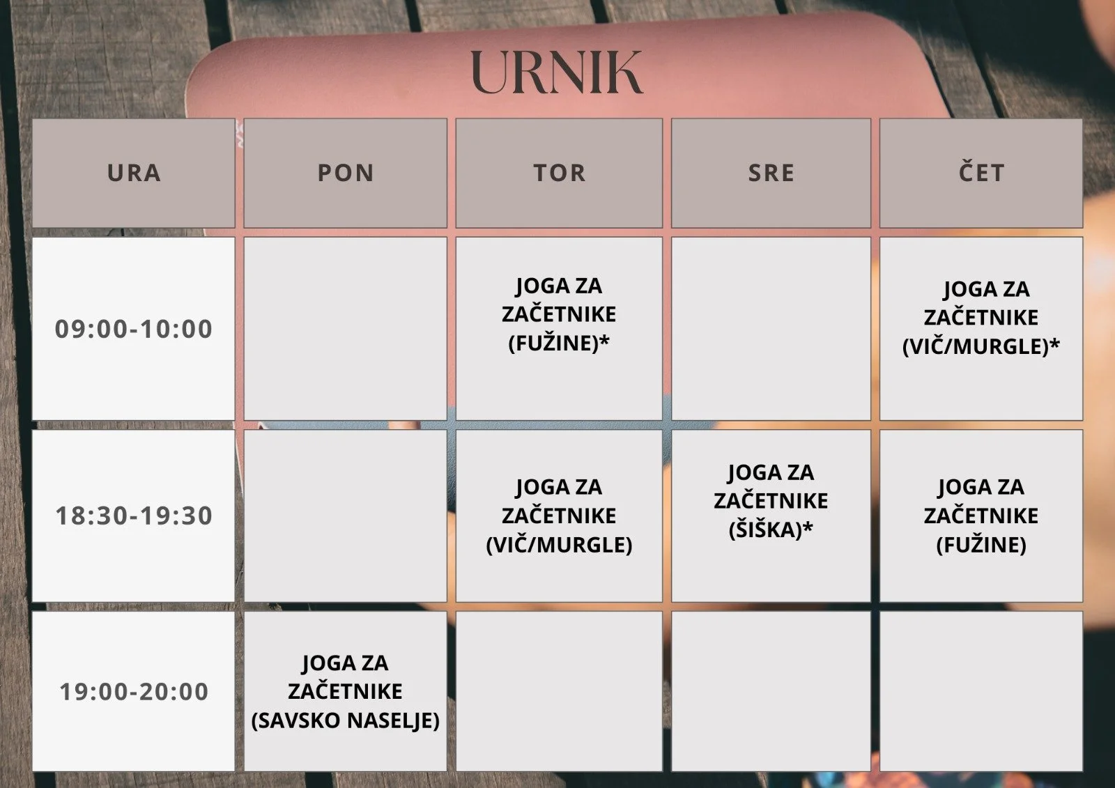 Tedenski urnik joge za začetnike v Ljubljani – Savsko naselje, Vič/Murgle, Fužine in Šiška, z jutranjimi in večernimi termini vadb Feelight Yoga.
