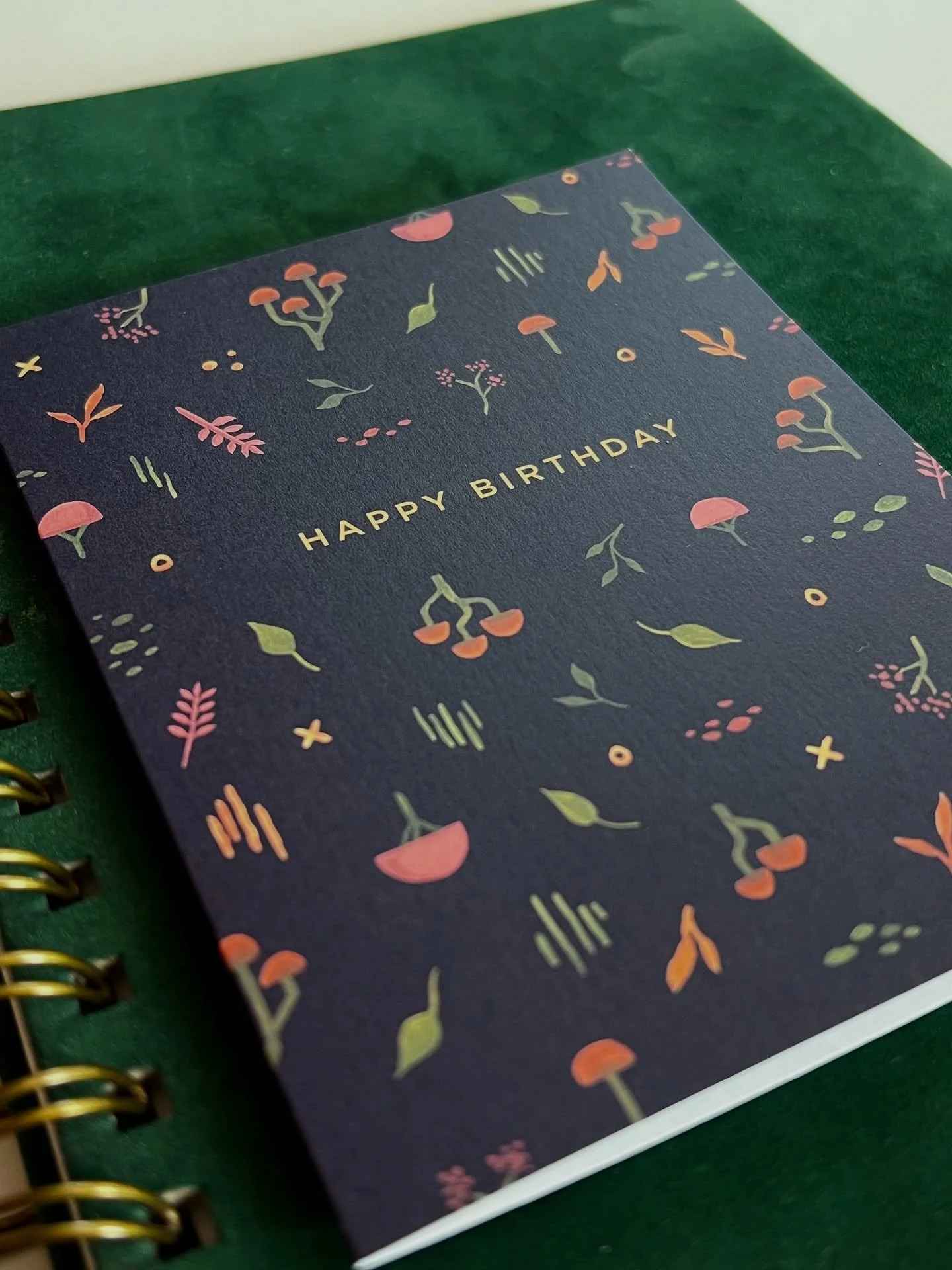 New birthday card! This is my &ldquo;enchanted forest&rdquo; design with little mushrooms and leaves painted in gouache on a moody blue background.