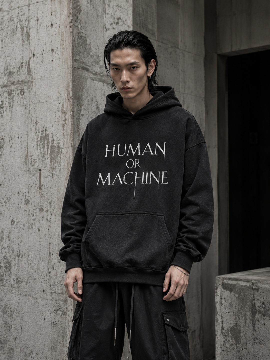 MODEL WEARING HOODIE TECHNO STUDIOS HUMAN OR MACHINE