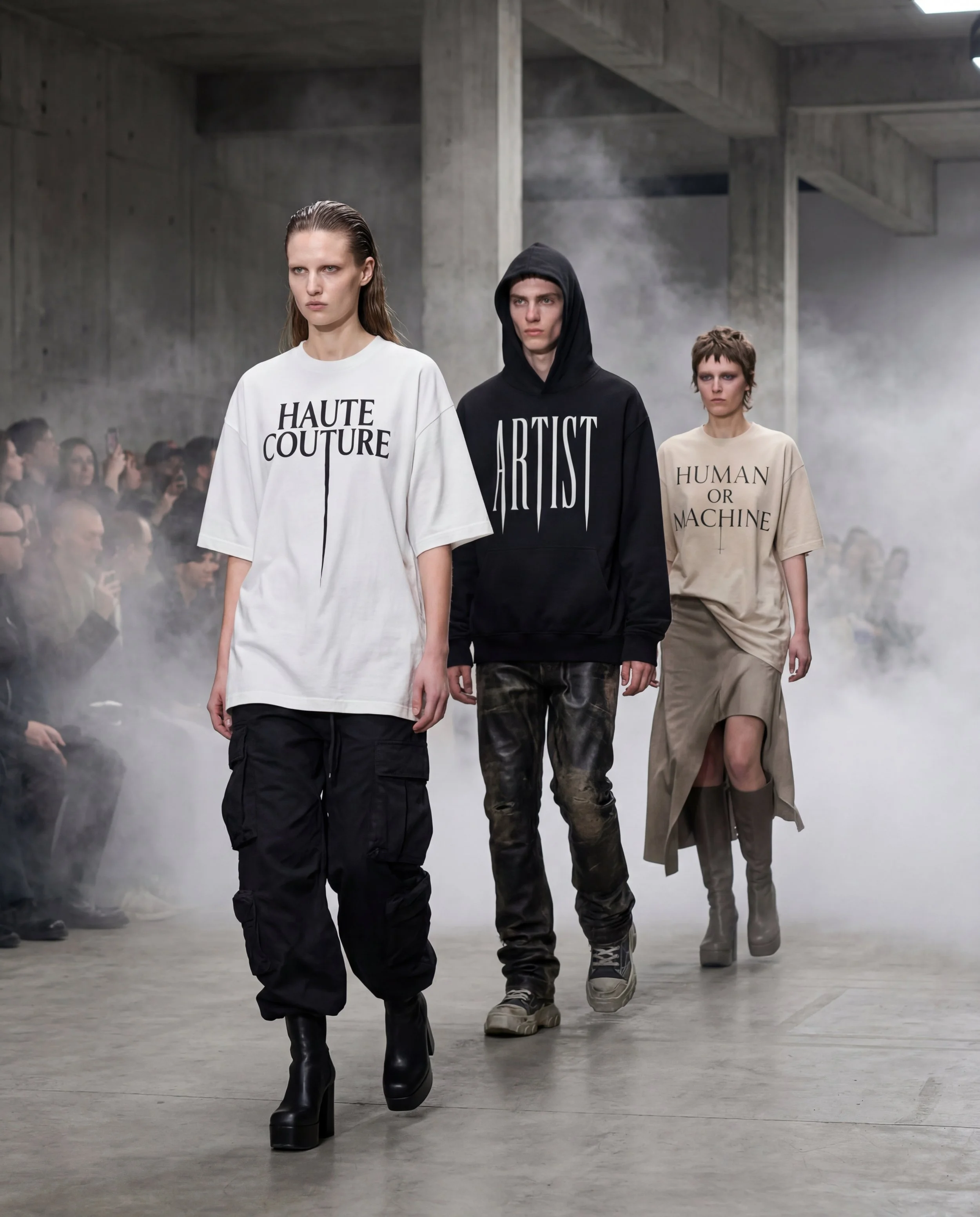 Models walking down the runway in fashion show, wearing techno studios oversized casual clothes with statement text, in industrial venue with smoke effect.
