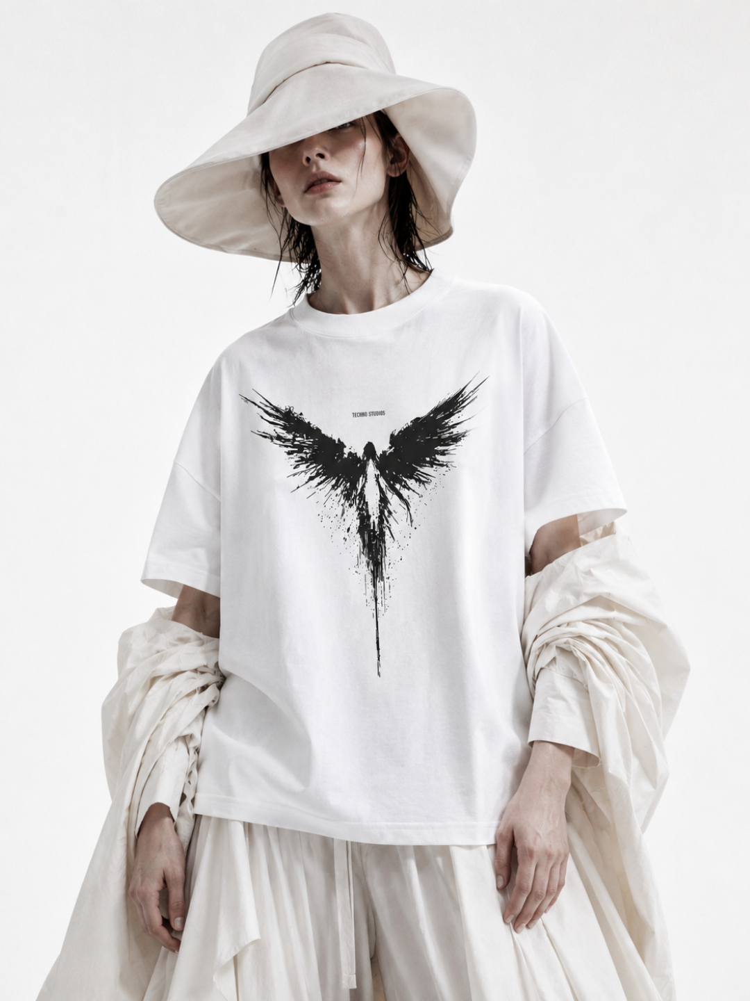 A model wearing Fallen Techno Studios white