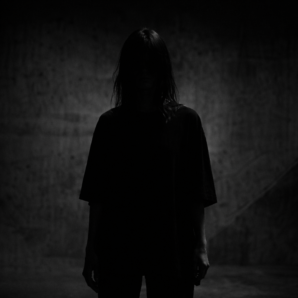 Side profile of a young woman with wavy brown hair wearing a loose white T-shirt with 'TECHNO STUDIO' printed on it, and dark cargo pants, standing against a dark gray background.