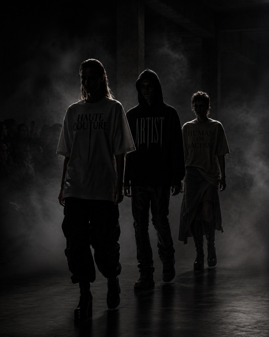 Techno Studios Models walking down a dark runway with smoky background during a fashion show.