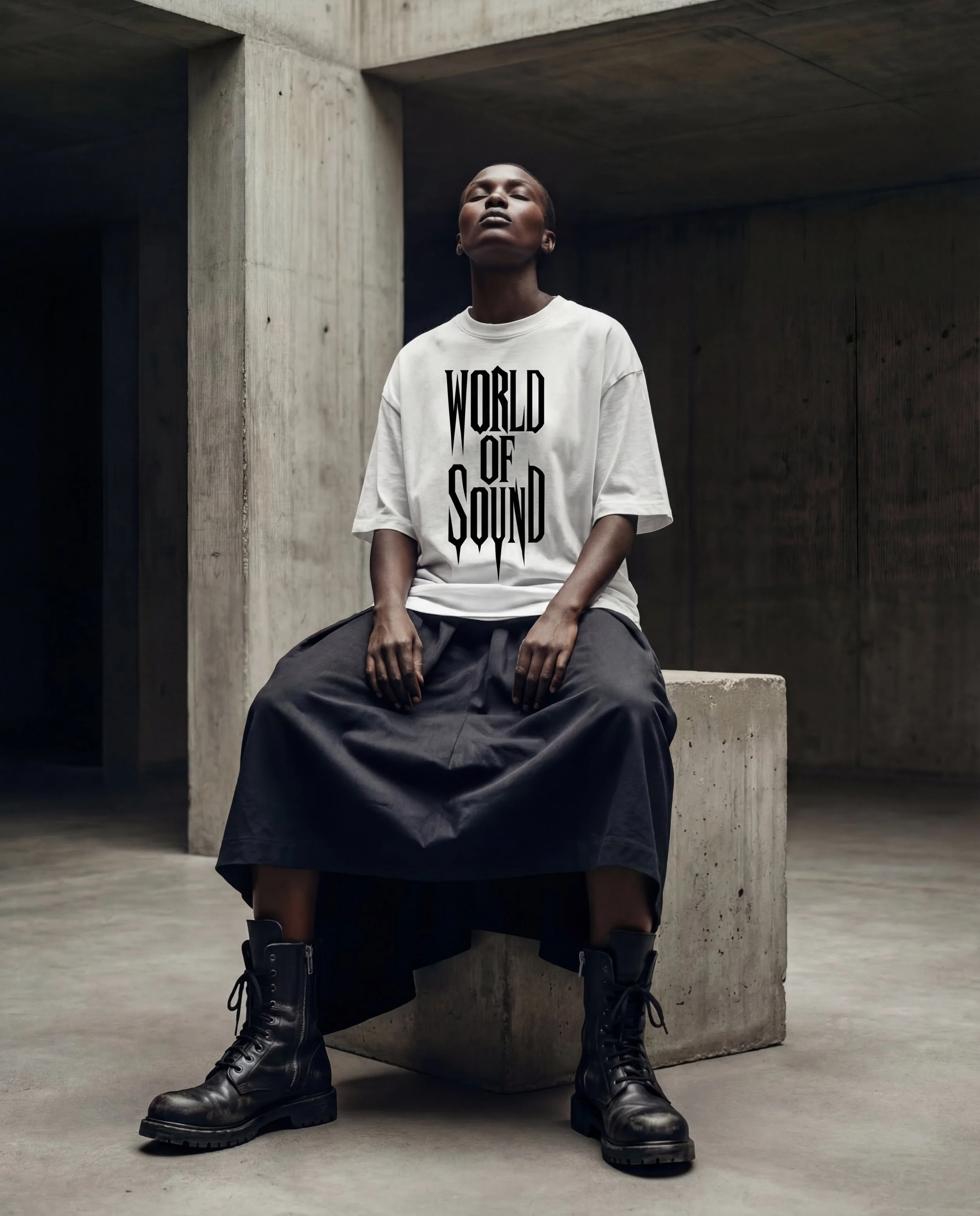 Model wearing the Techno Studios “World of Sound” oversized white t-shirt, crafted in premium 100% heavyweight cotton and made in Portugal. The relaxed unisex silhouette features a structured fit with dropped shoulders, inspired by avant-garde indust