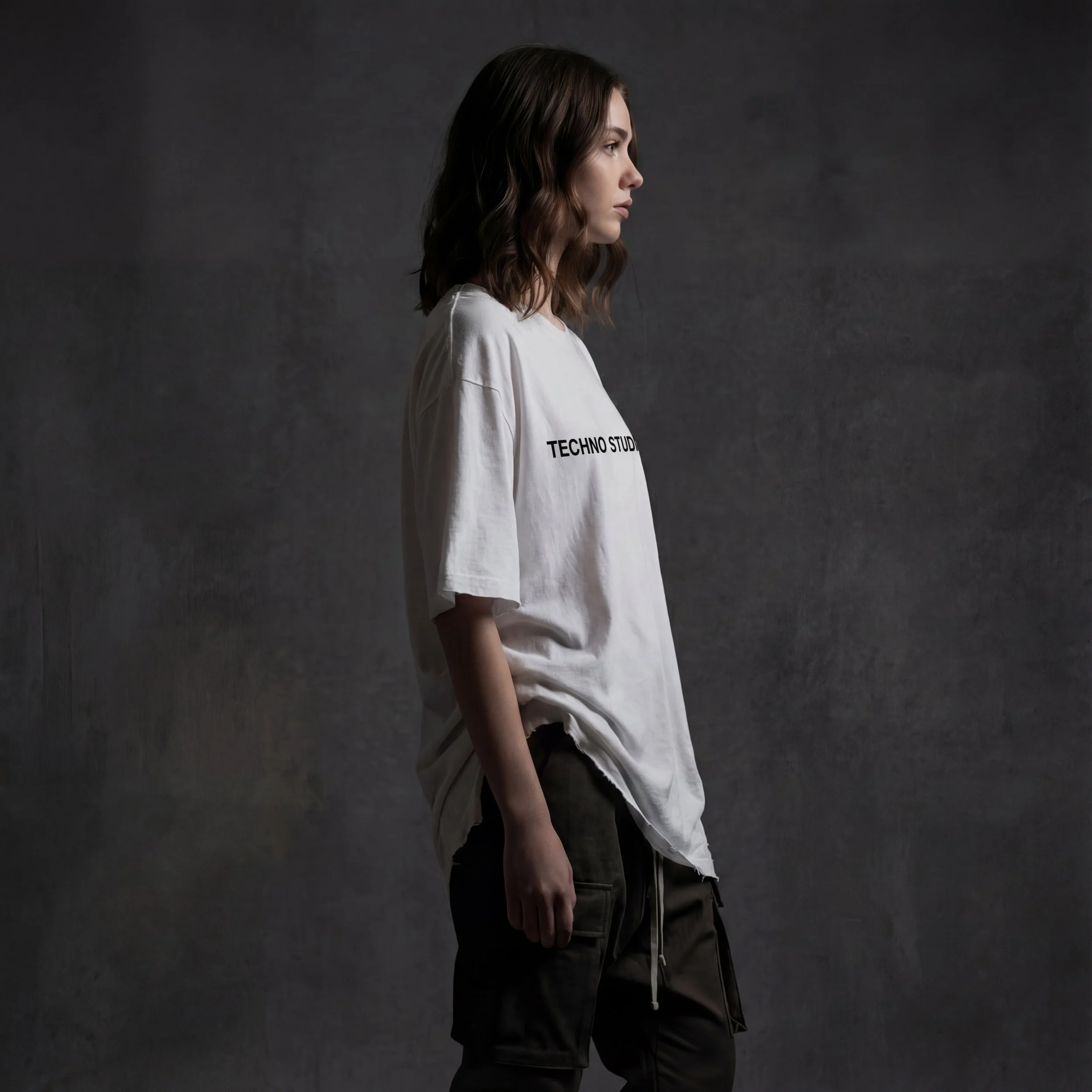 Side profile of a young woman with wavy brown hair wearing a loose white T-shirt with 'TECHNO STUDIO' printed on it, and dark cargo pants, standing against a dark gray background.