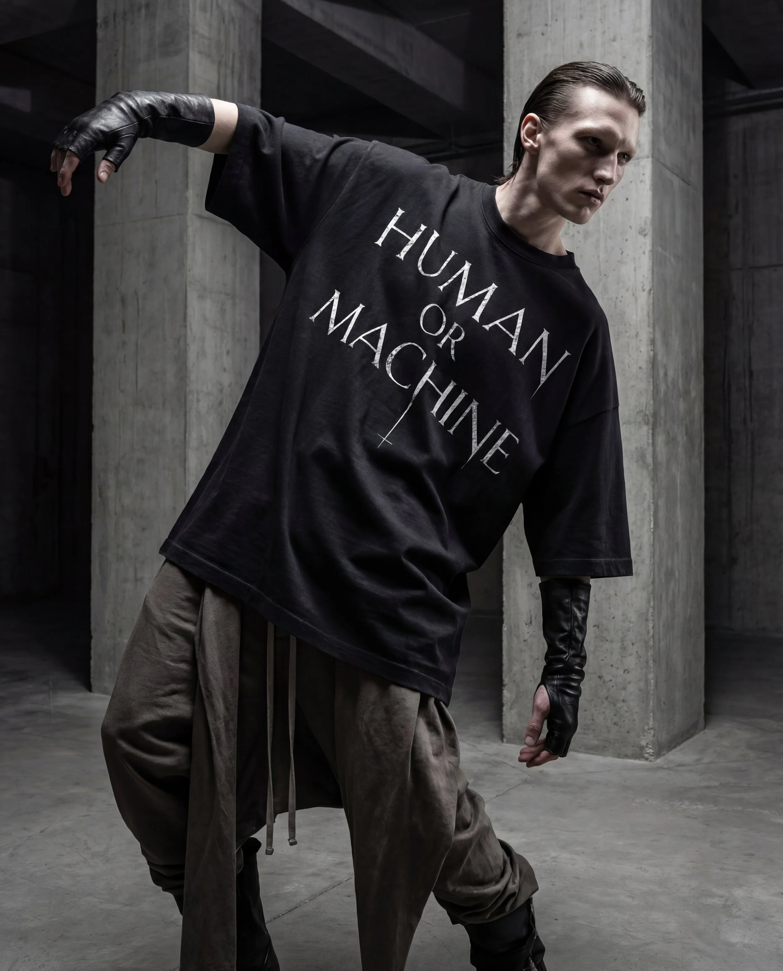 Oversized black Human or Machine T-shirt by Techno Studios inspired by techno culture and avant-garde fashion. Shot in a brutalist architectural space reflecting the underground aesthetic of the brand.