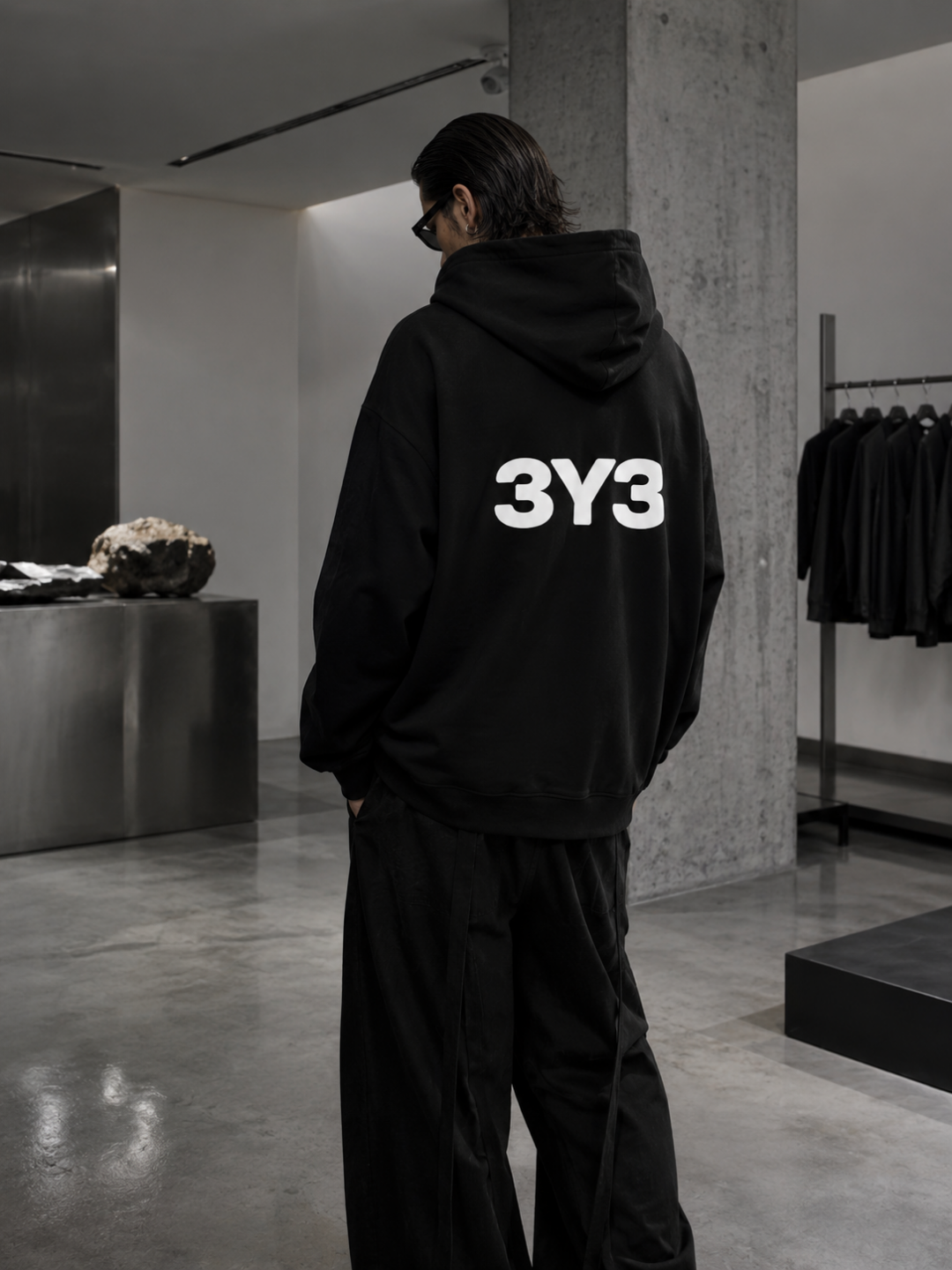 MODEL WEARING HOODIE TECHNO STUDIOS BY 3Y3