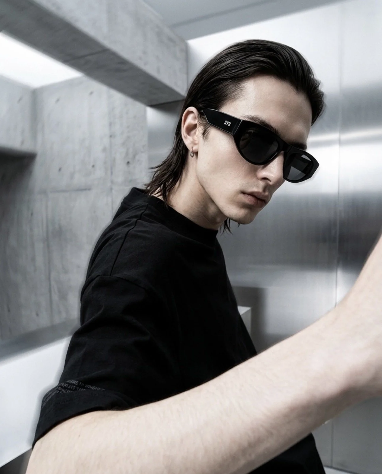 Model man wearing sunglasses Techno Studios by 3Y3