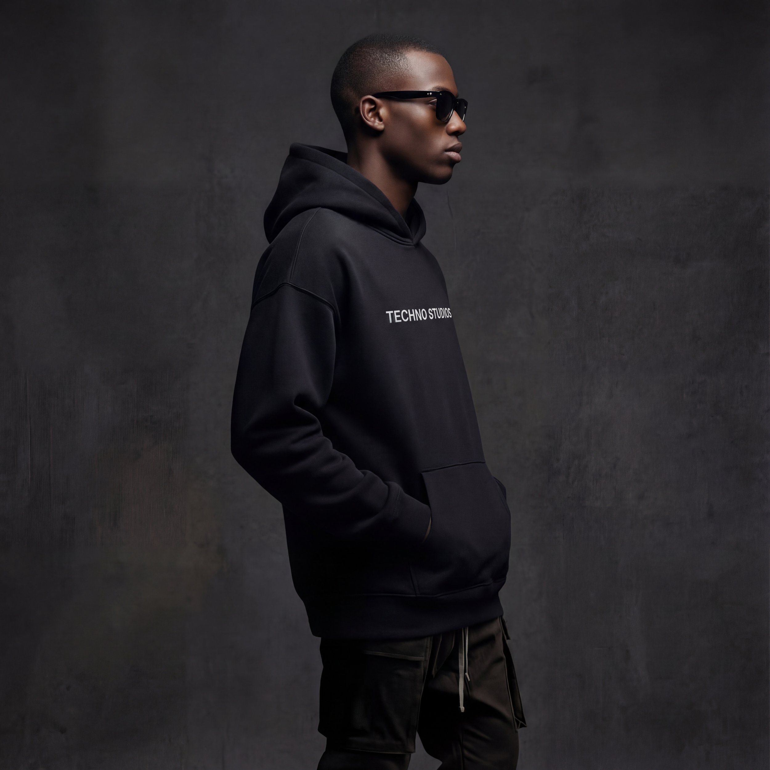 Young man wearing black hoodie with white text, black sunglasses, and black pants, standing against a dark background