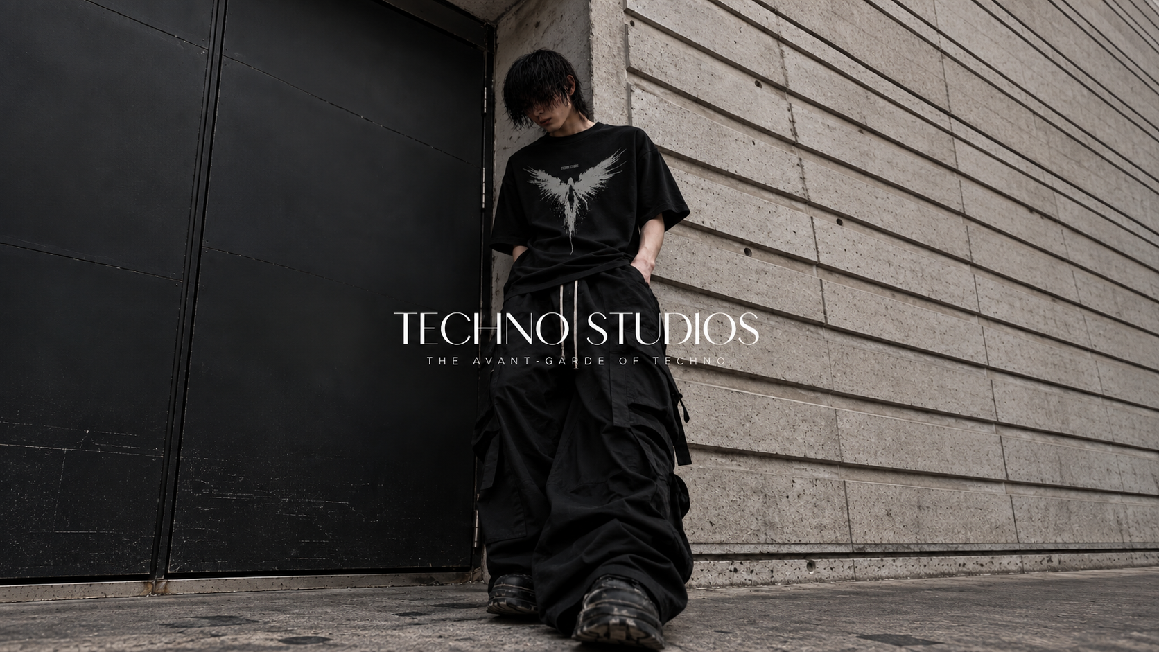MODEL HERE WEARING TS FALLEN TECHNO STUDIOS
