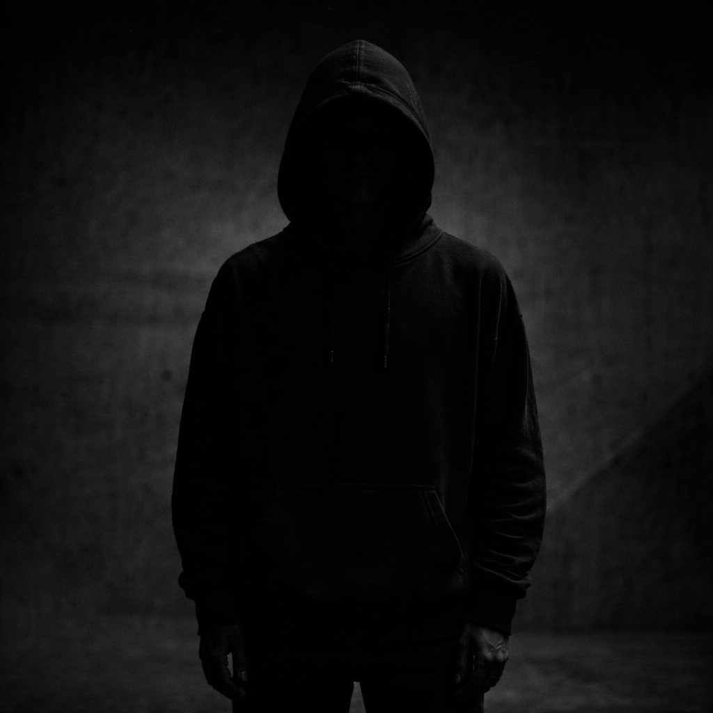 Young man wearing black hoodie with white text, black sunglasses, and black pants, standing against a dark background