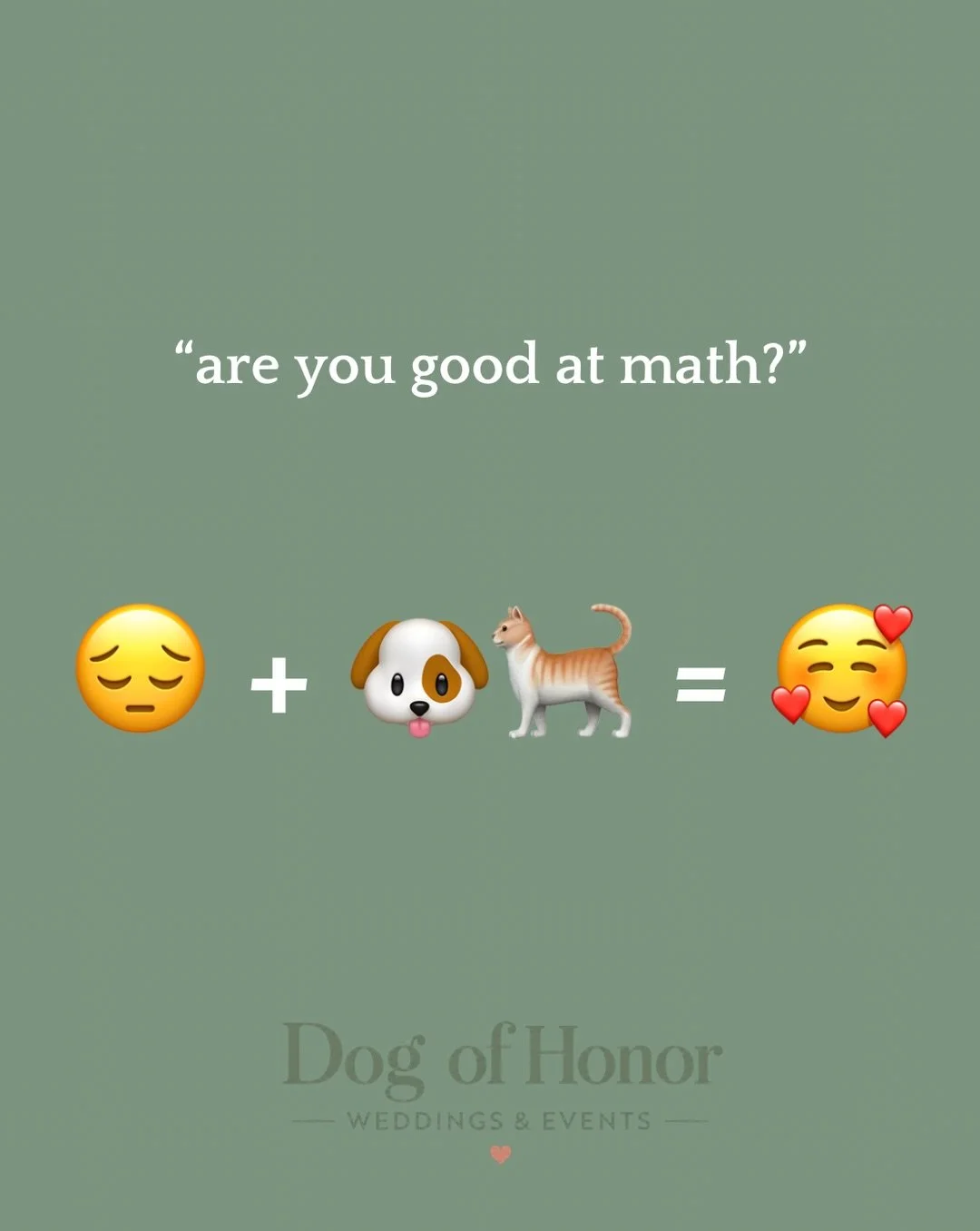 Turns out wedding math is my strongest subject. 🐶🐱

Sad groom + dog = happy groom
Sad bride + cat = happy bride
Wedding + Dog of Honor Events = unforgettable memories

The math checks out. ❤️

Share this with a bride or groom whose wedding day just