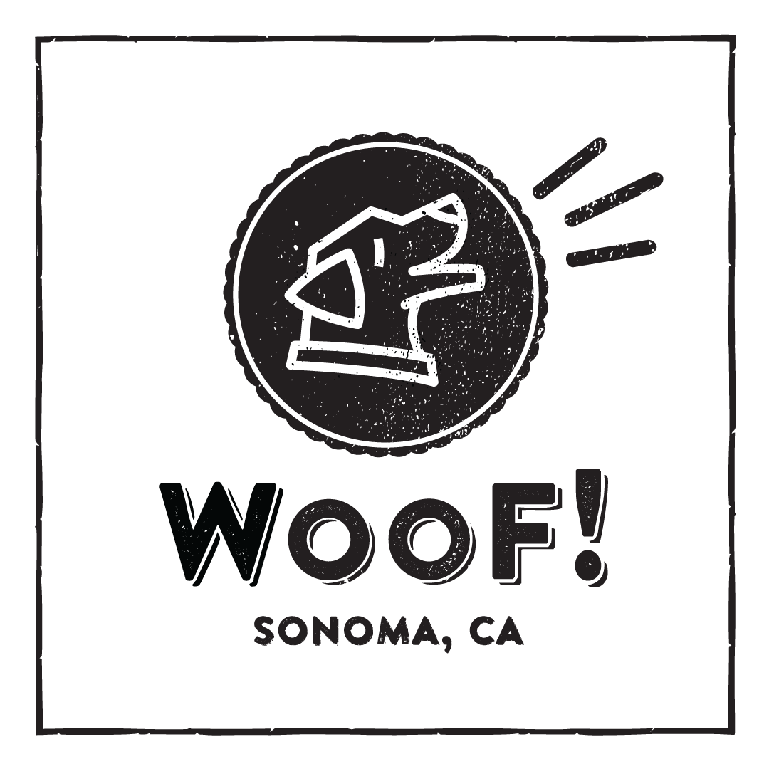 A black and white graphic design with a dog's face within a circular badge, with lines indicating barking or sound. Below it, the text says "WOOF!" and "SONOMA, CA".