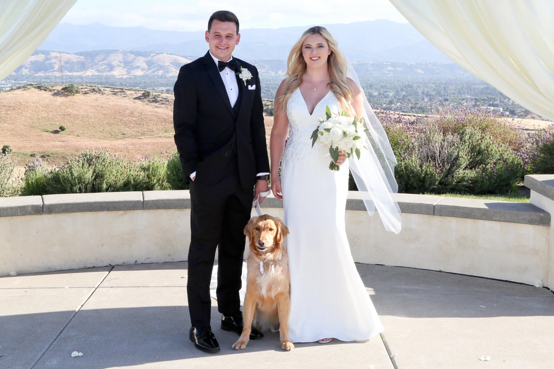 A beautiful bride and groom with their Golden Retriever Dog of Honor