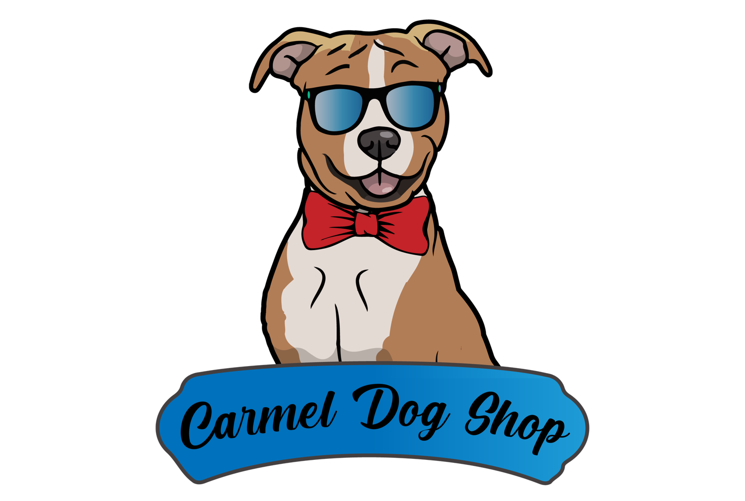 Cartoon of a smiling dog wearing sunglasses and a red bow tie, with the text 'Caramel Dog Shop' on a blue banner below the dog.