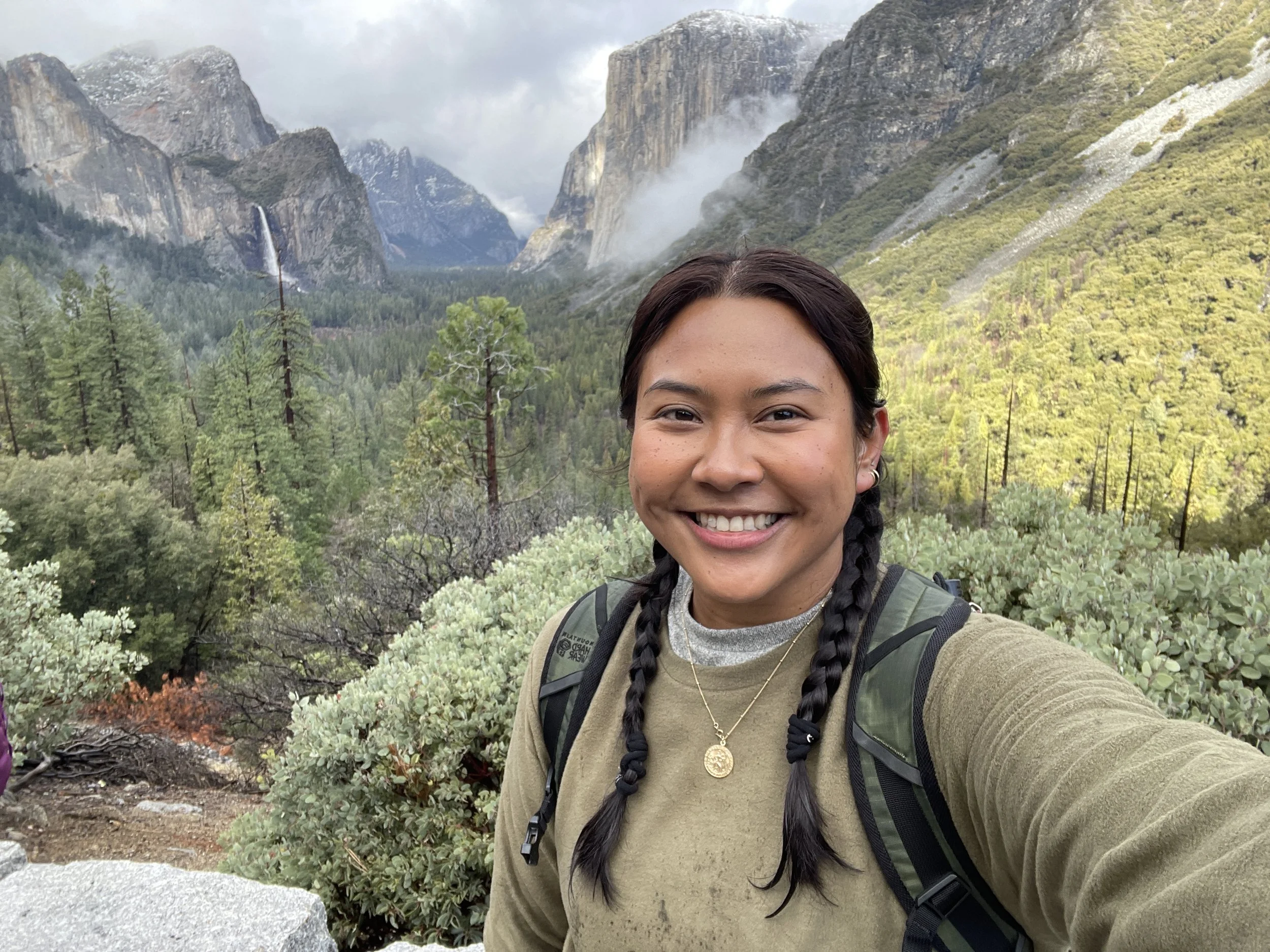 Young woman with braided hair taking a selfie in a forested mountainous area with waterfalls and mist in the background.