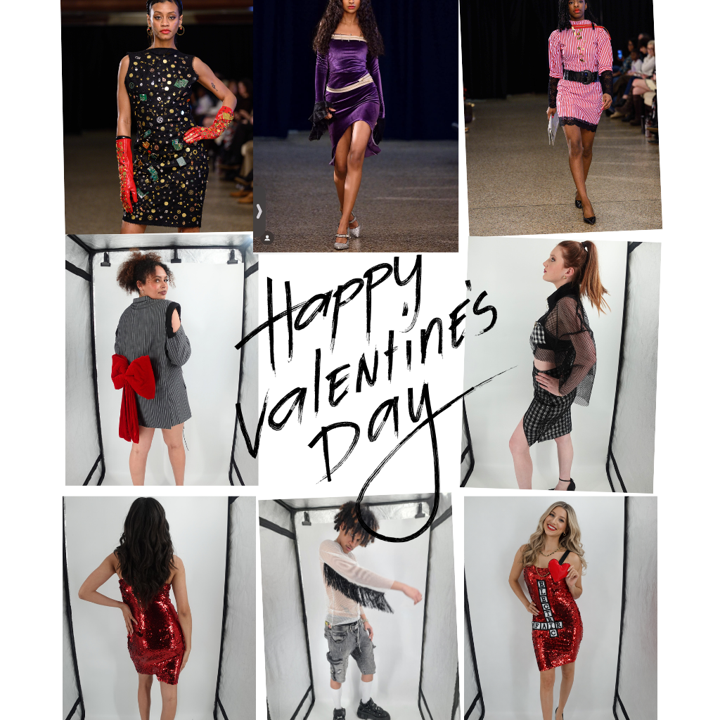 Collage of models wearing various fashionable outfits, with a central handwritten message saying "Happy Valentine's Day" and a woman holding a heart-shaped object.