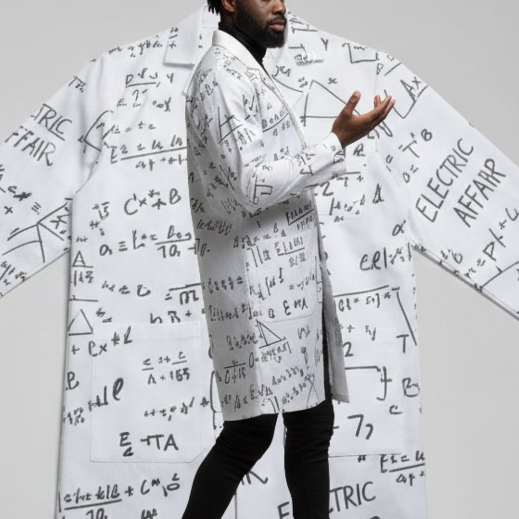 Person wearing a white coat and cape covered in handwritten physics and mathematics equations and diagrams, standing against a plain background.