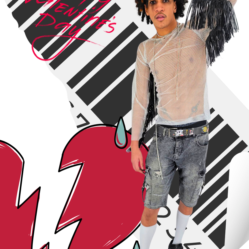A young person with curly hair wearing a fishnet long-sleeve shirt, distressed denim shorts, white knee-high socks, and a decorative belt, standing in front of a background featuring a large broken heart and text reading 'Valentine's Day' and 'Valent