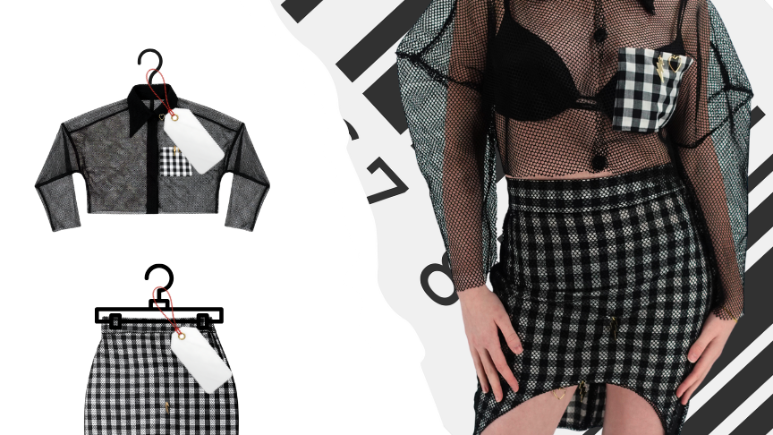 Fashion display featuring a black sheer mesh blouse with checkered pocket, matching checkered skirt, and a model wearing a black bra, sheer checkered long sleeve jacket, and checkered skirt.