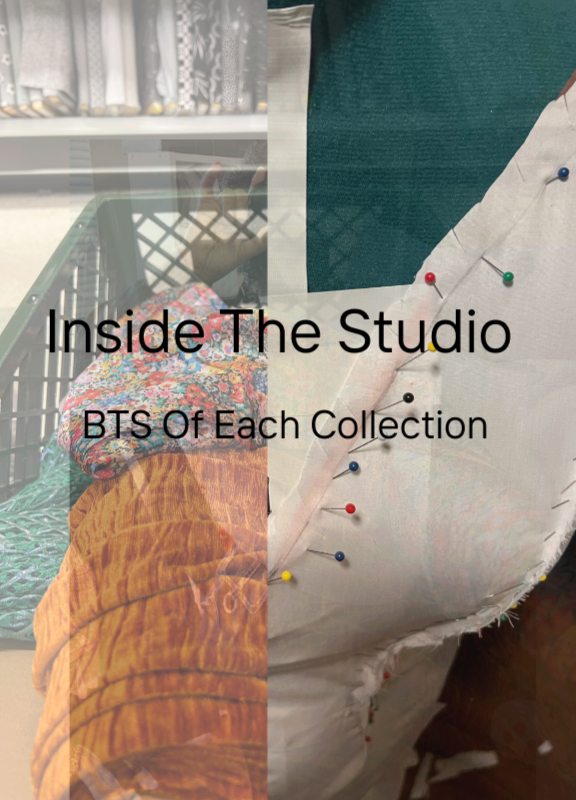 A sewing workspace with fabric and a pattern pinned to fabric, with a glass window reflecting a person. Overlay text reads 'Inside The Studio BTS of Each Collection.'