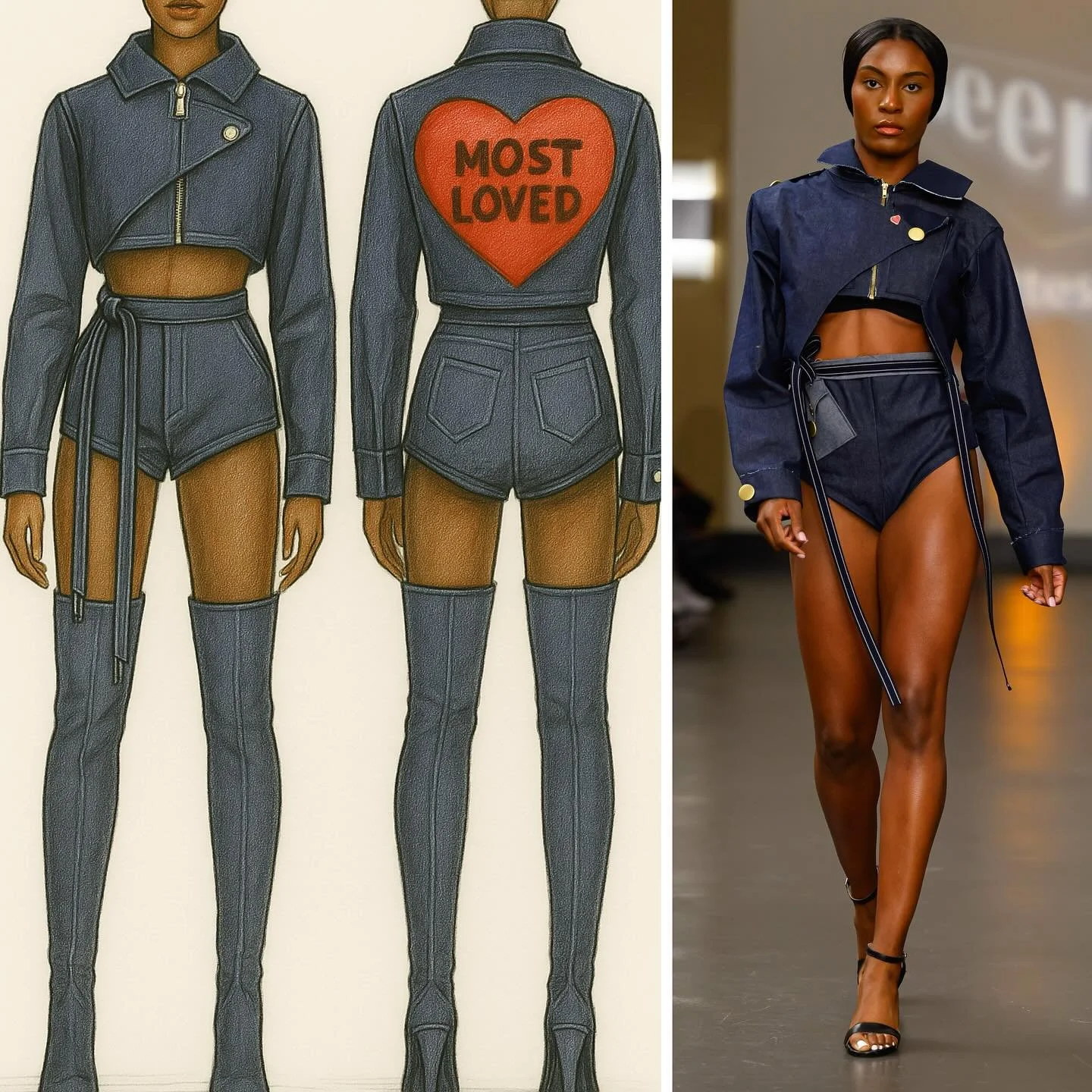 ✨ &ldquo;From sketch to runway &mdash; every look begins as an idea on paper, then takes shape in fabric, stitch by stitch. This denim set made the leap from my sketchbook to the spotlight, transforming into a runway moment that tells its own story.&