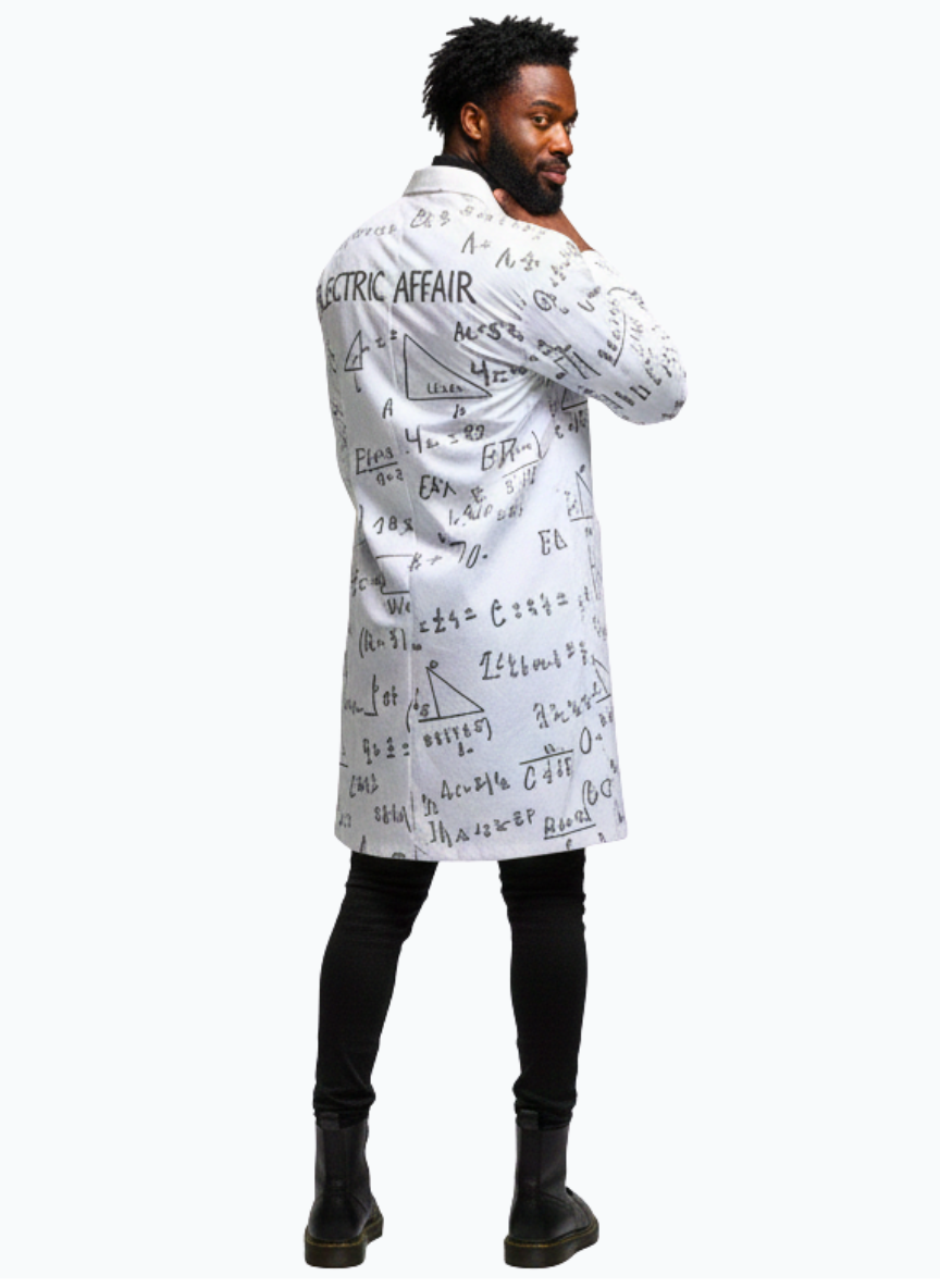  Autumn Foxx back view 'Electric Affair' Lab Coat. This premium white coat features intricate, hand-drawn equations and physics-inspired graphics for a bold, intellectual edge. Perfect as a unique jacket or artistic layering
