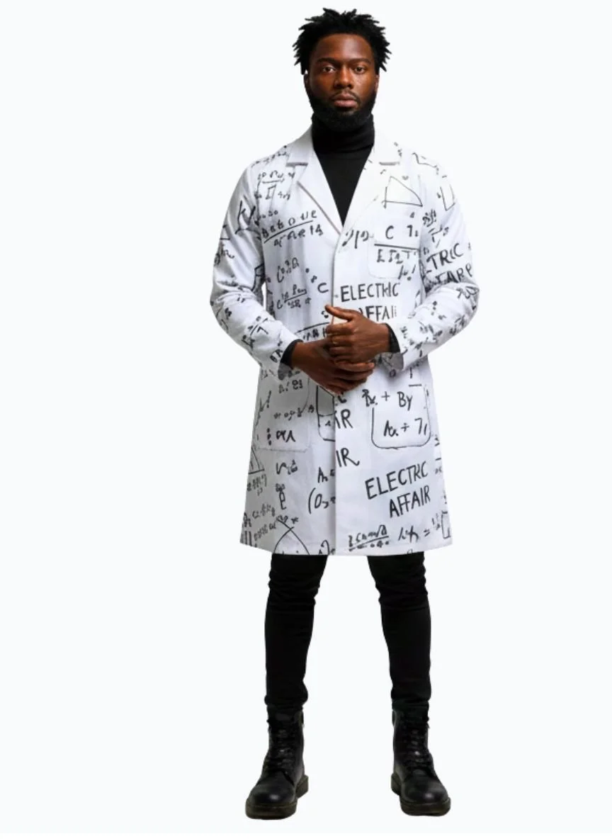 Make a scientific statement with the Autumn Foxx 'Electric Affair' Lab Coat. This premium white coat features intricate, hand-drawn equations and physics-inspired graphics for a bold, intellectual edge. Perfect as a unique jacket or artistic layering