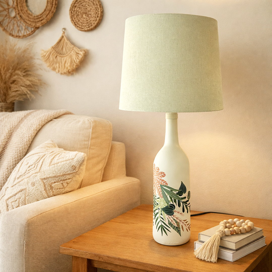Handcrafted Botanical Wine Bottle Lamp – Upcycled Lamp Shade