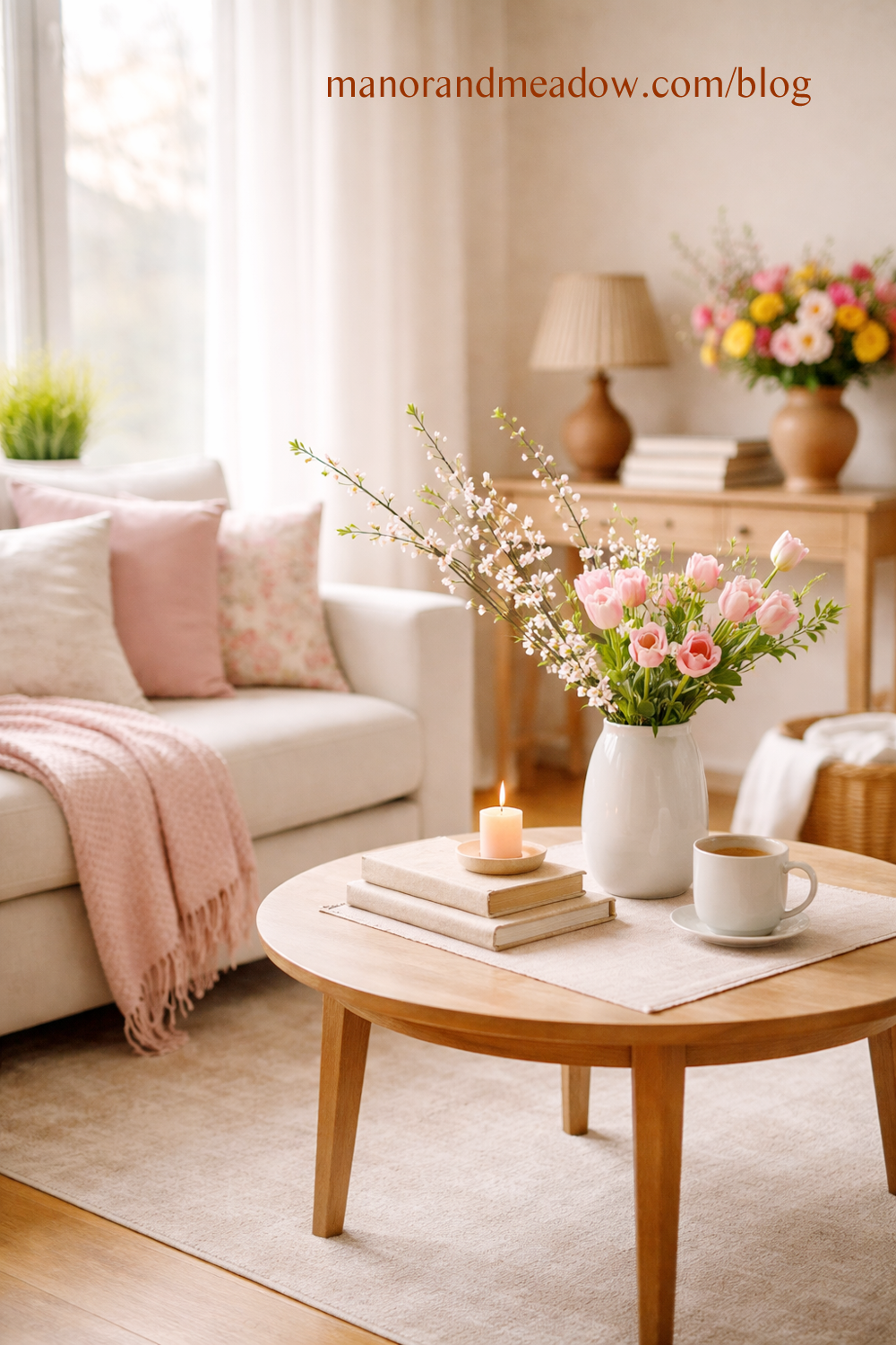 living room decorated for spring