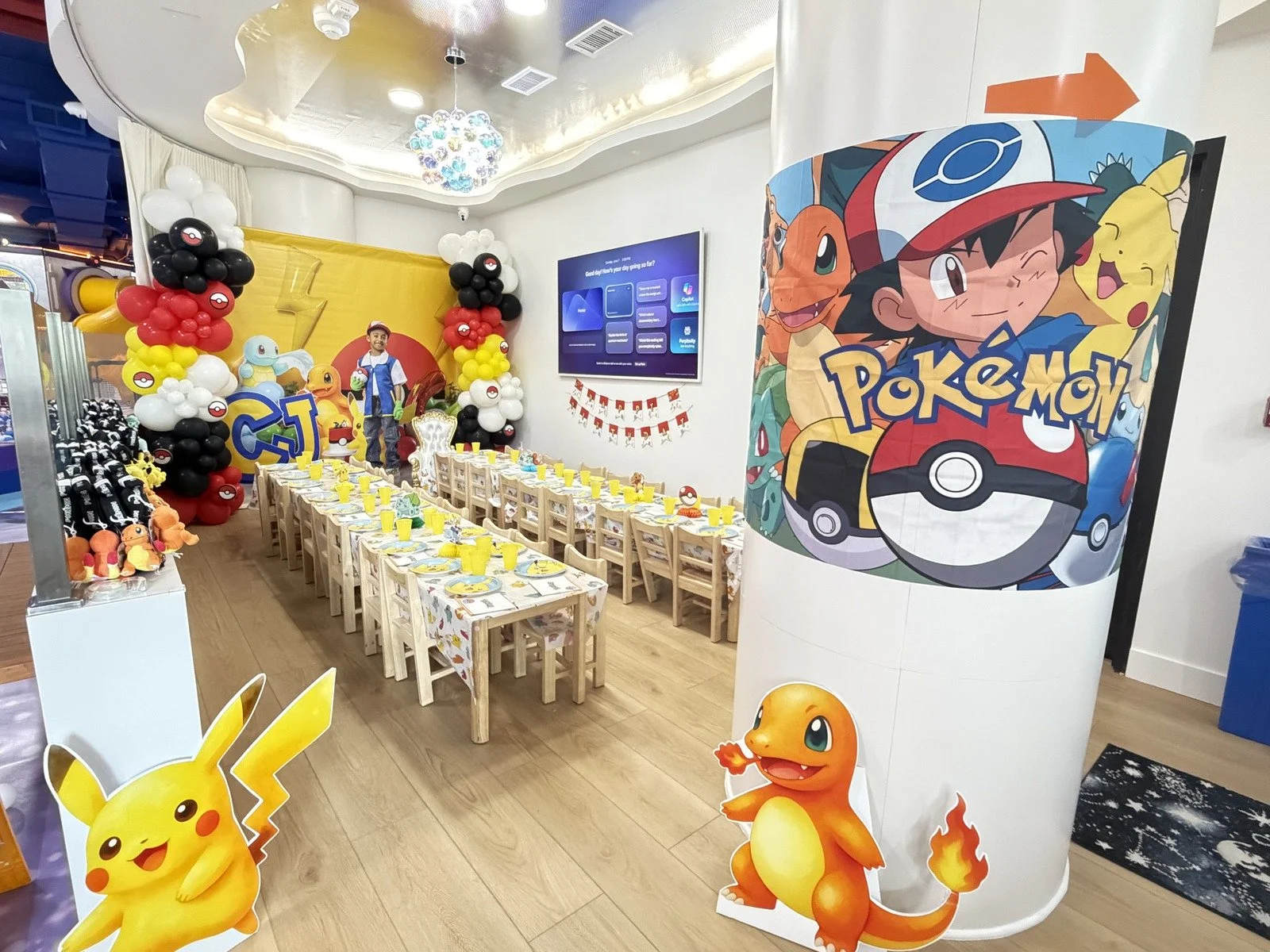 happy space playground - birthday parties - Pokemon theme - indoor playground - party decorations - Pokemon theme birthday party - Pokemon birthday backdrop - balloon garland - indoor playground birthday party