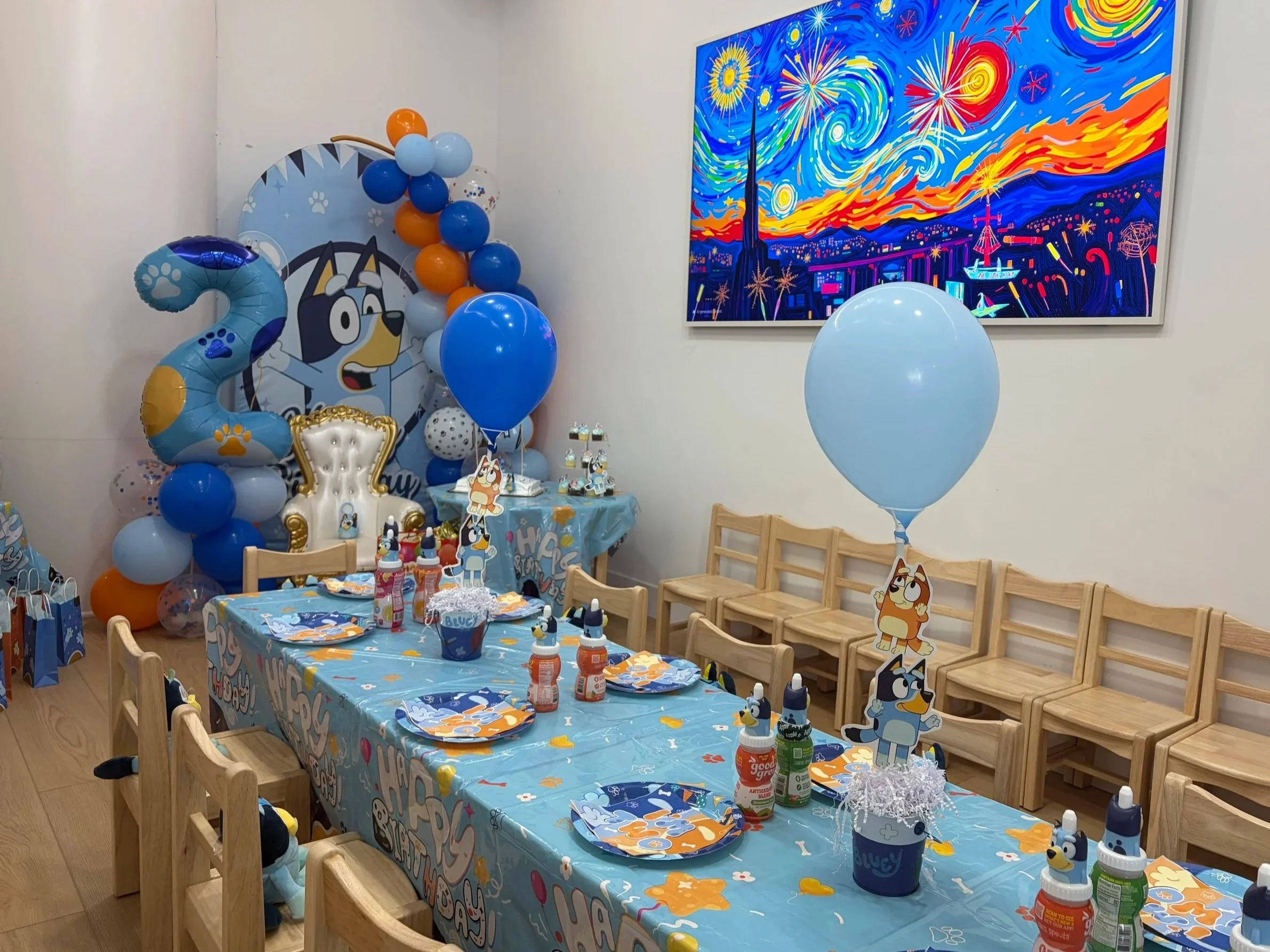 happy space playground - birthday parties - Bluey theme - indoor playground - party decorations - Bluey theme birthday party -Space  birthday backdrop - balloon garland - indoor playground birthday party