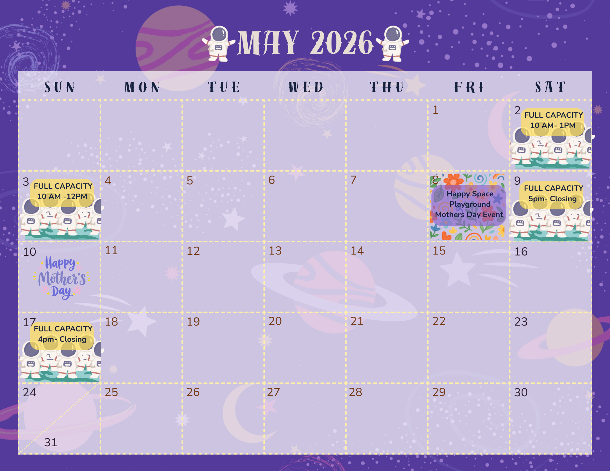 Calendar for May 2026 with space-themed design, featuring astronaut illustrations and decorative elements. Events include Mother's Day and a toddler playground event.