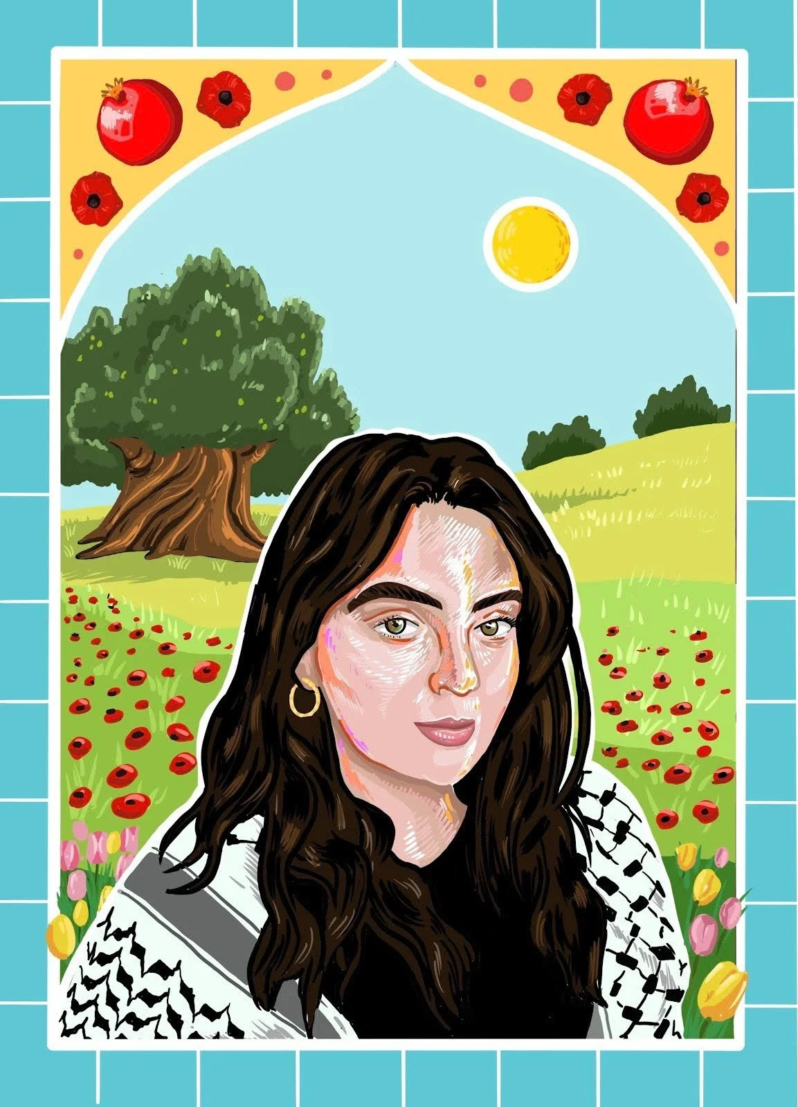 Digital illustration of a woman with long dark hair, green eyes, and gold hoop earrings, against a scenic outdoor background featuring a large tree, grassy fields with red and pink flowers, a bright sun, and pomegranate fruits in the sky.