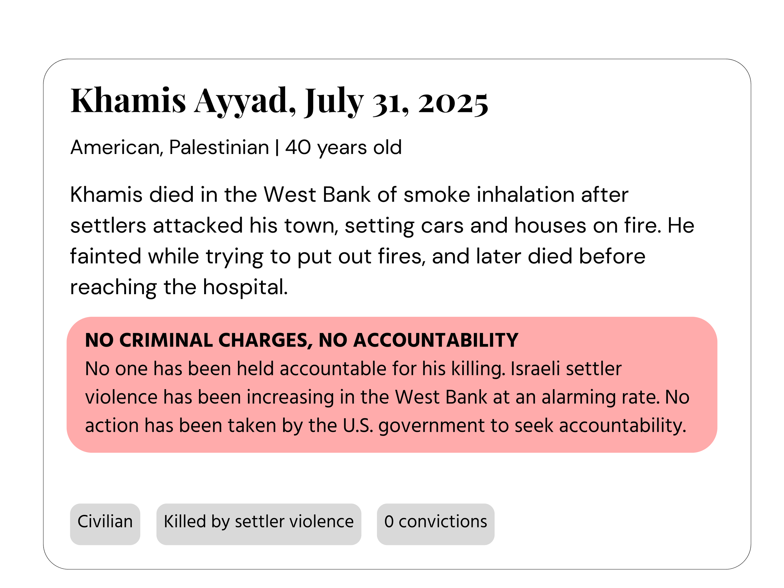 Information about Khamis Ayyad, who died in the West Bank in 2025 after inhaling smoke during an attack by settlers. It mentions he was 40 years old, Palestinian, and died while trying to extinguish fires set by settlers.