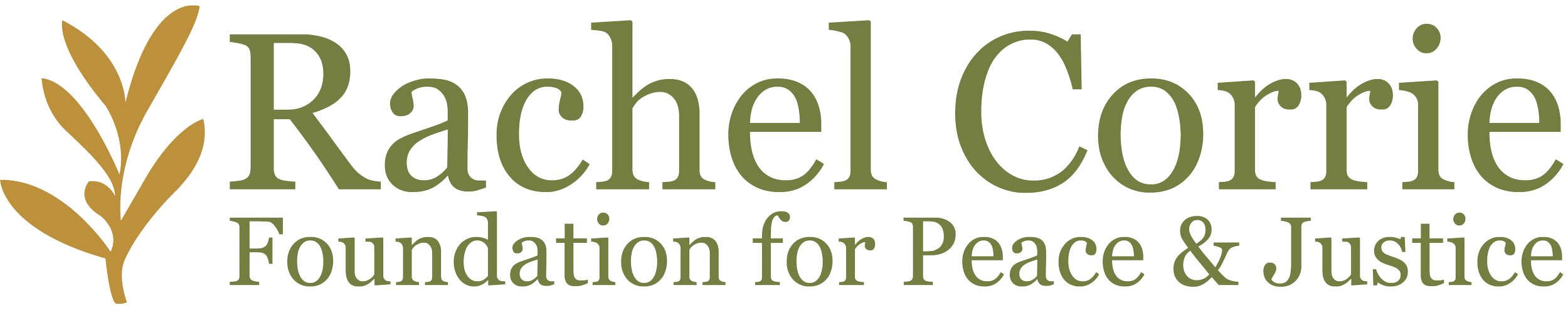 Rachel Corrie Foundation for Peace & Justice logo with brown olive branch and green text.