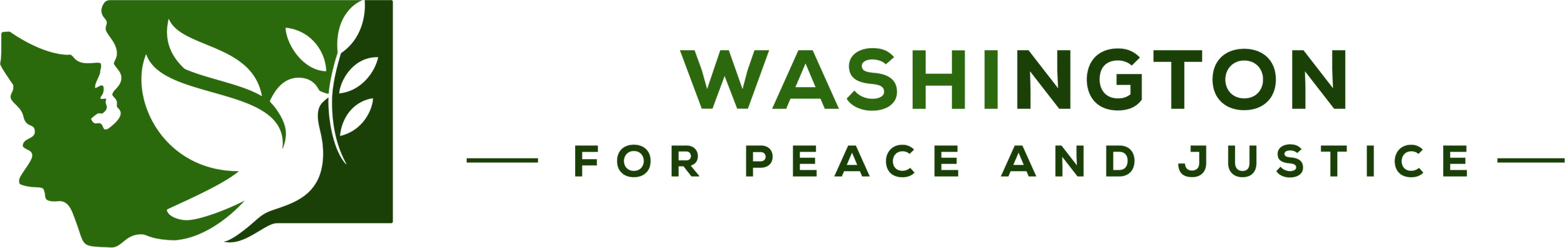 Logo of Washington for Peace and Justice, featuring a green silhouette of a child's profile, a black dove, and a blue olive branch, with green text