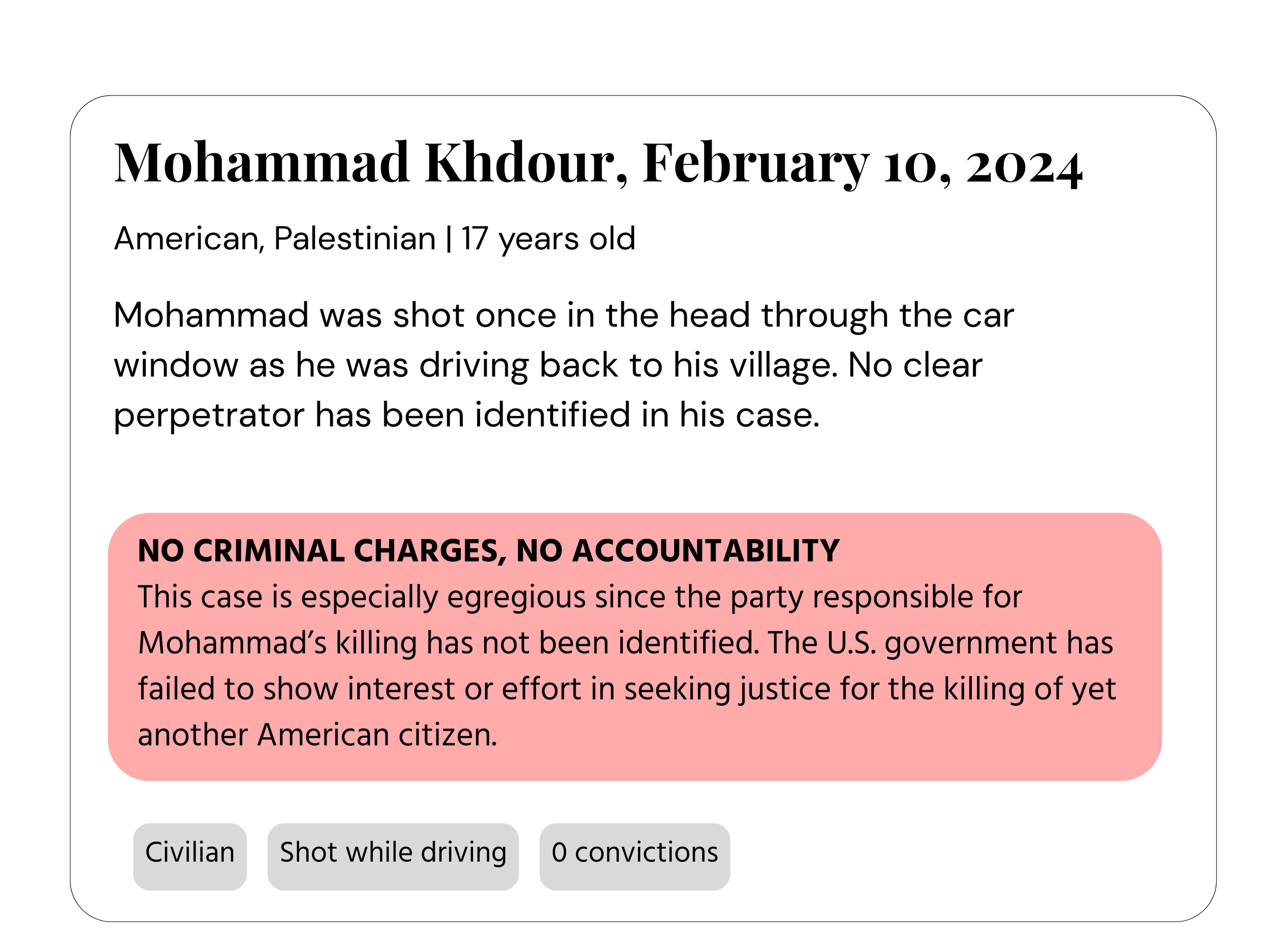 Text from a case summary about Mohammad Khdoor, a 17-year-old Palestinian who was shot once in the head while driving back to his village. The case emphasizes the lack of clear identifications and accountability, and criticizes the U.S. government's response to the incident.