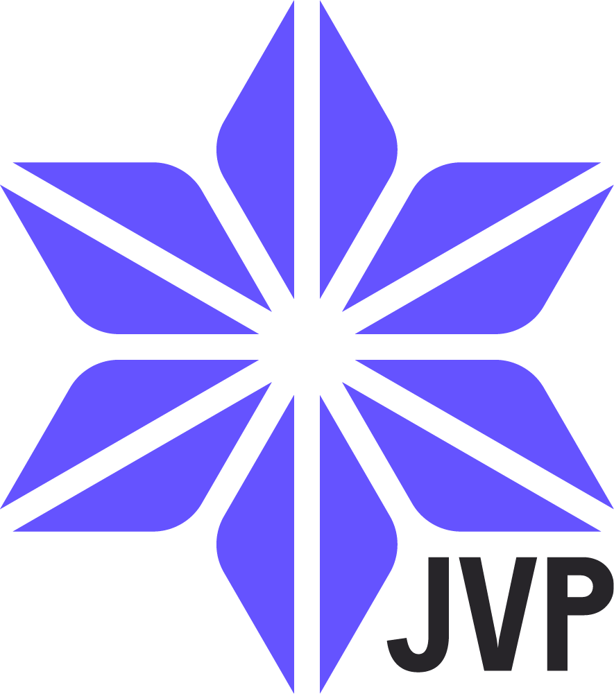 A stylized blue flower with eleven petals and the black letters "JVP" in the lower right corner.