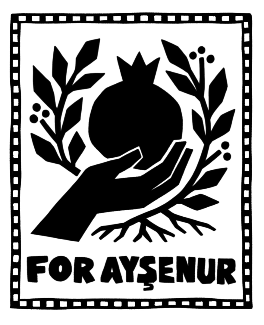 Silhouette of a hand holding a pomegranate, surrounded by branches and leaves, with the text 'For Aysenur' at the bottom.
