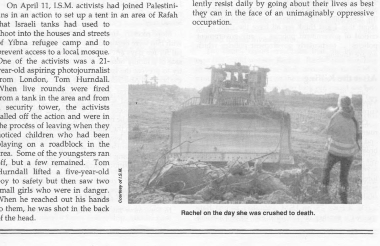A black-and-white photograph of a person standing next to a destroyed tank with the caption "Rachel on the day she was crushed to death."