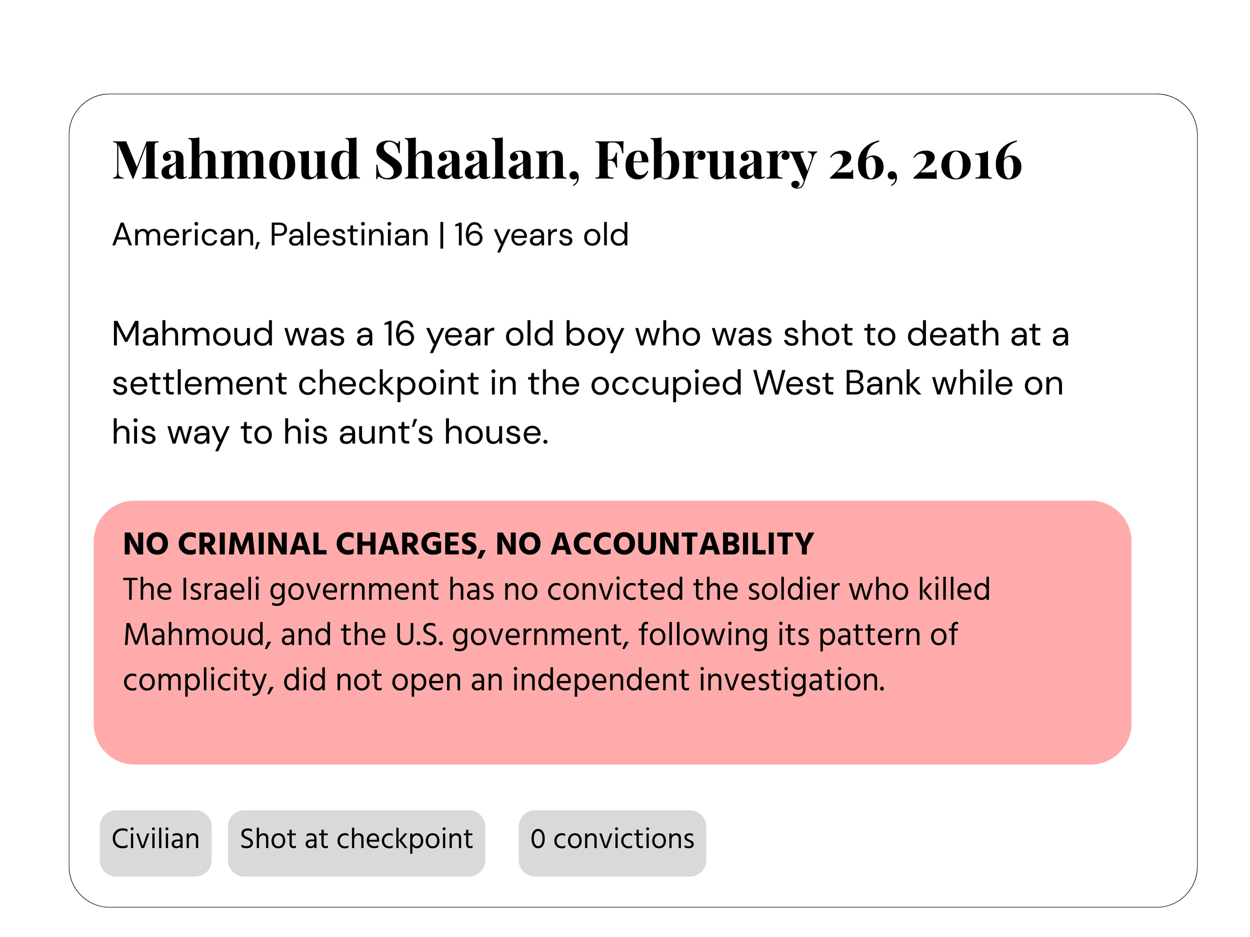 Screenshot of a digital information panel with details about Mahmoud Shaalan, including his date of death, age, nationality, and circumstances of his death, along with a highlighted message about no criminal charges or accountability.