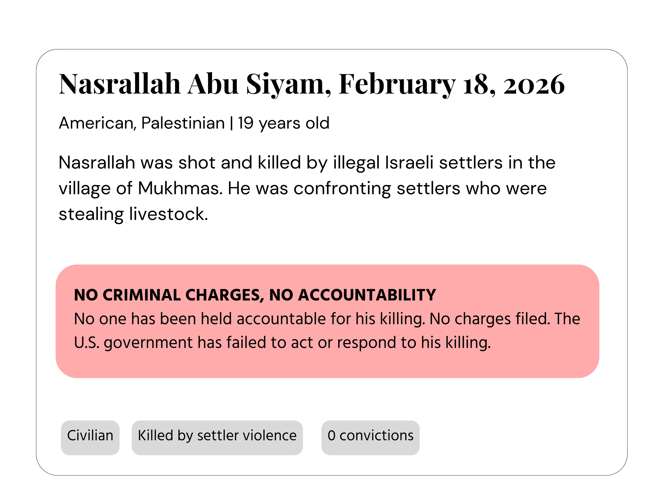 A digital record with details about Nasrallah Abu Siyam, a 19-year-old Palestinian man shot and killed by Israeli settlers in the village of Mukhmas. The record includes a warning about criminal charges and accountability and mentions no convictions.