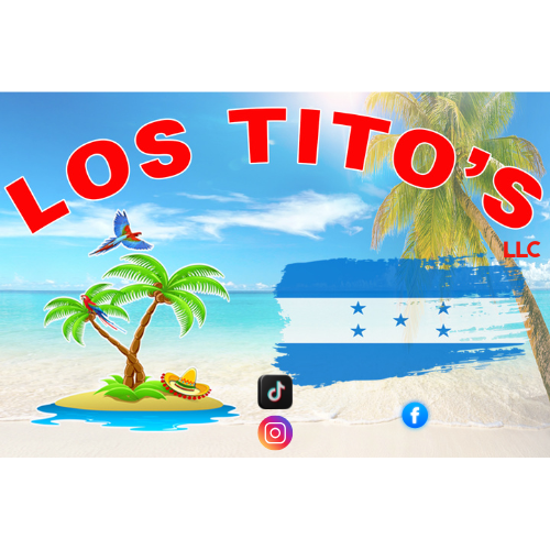 honduran flag with palm trees and birds flying and sombrero hat with ocean view in the background and Los Titos as the label