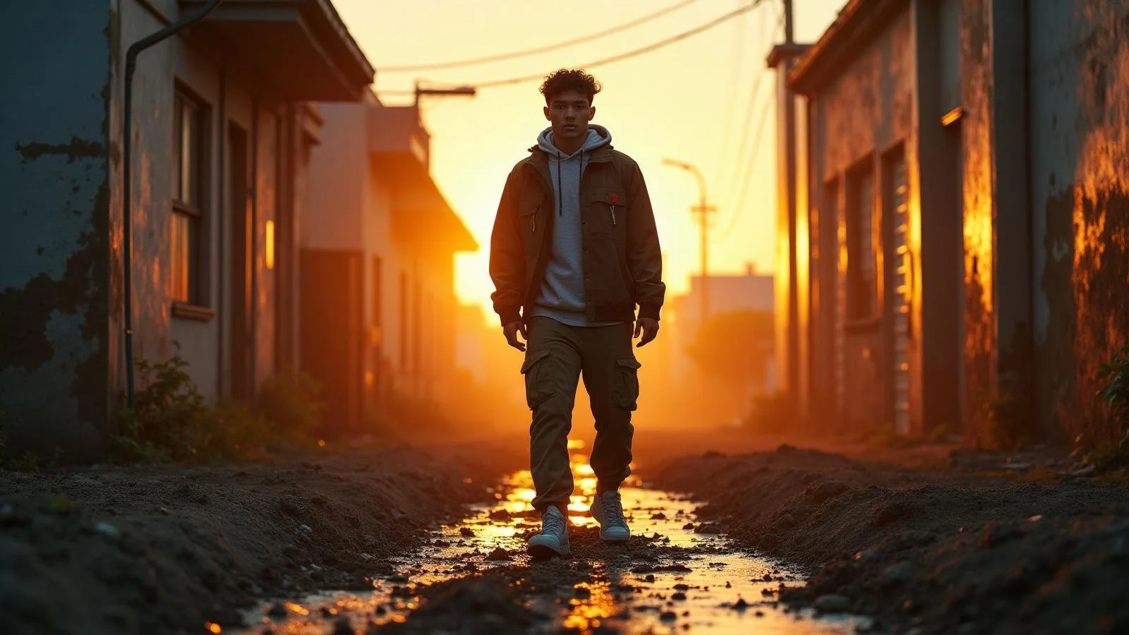 A young man walking down a muddy street at sunset, wearing a jacket, hoodie, cargo pants, and sneakers.