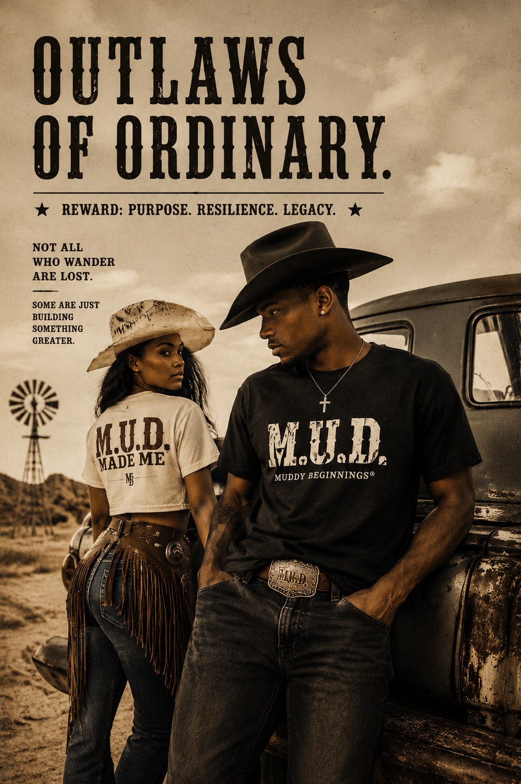 A promotional poster featuring a man and woman dressed in cowboy-style clothing standing outdoors in front of an old vehicle. They wear cowboy hats and black T-shirts with the text 'M.U.D.' on them, set in a desert landscape with a windmill in the background. The poster has the title 'Outlaws of Ordinary' and quotes about resilience with a vintage, sepia tone.