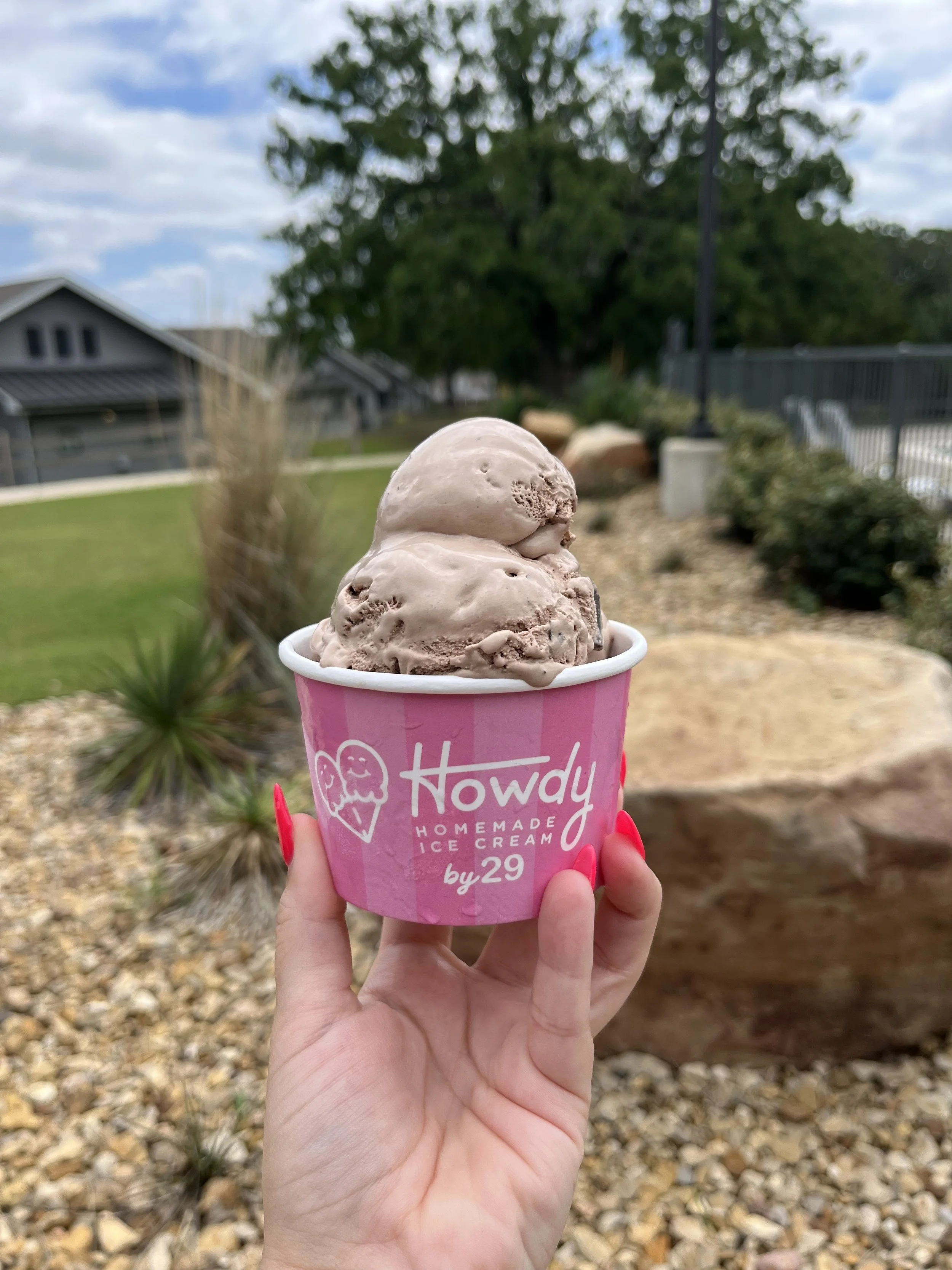 Close-up of a hand holding a pink cup of chocolate ice cream outdoors, with a backyard, trees, and houses in the background.