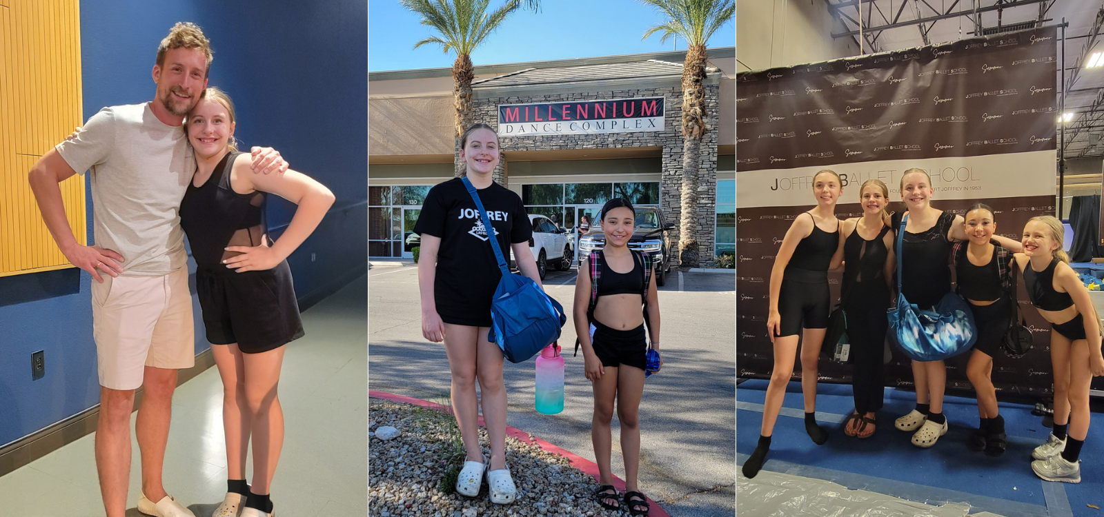 Dance students at Joffrey Ballet School Las Vegas 2023 outside studio, meeting instructors, and spending time with fellow dancers